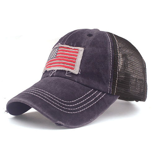 American Flag Patch Distressed Trucker Hat - blue
