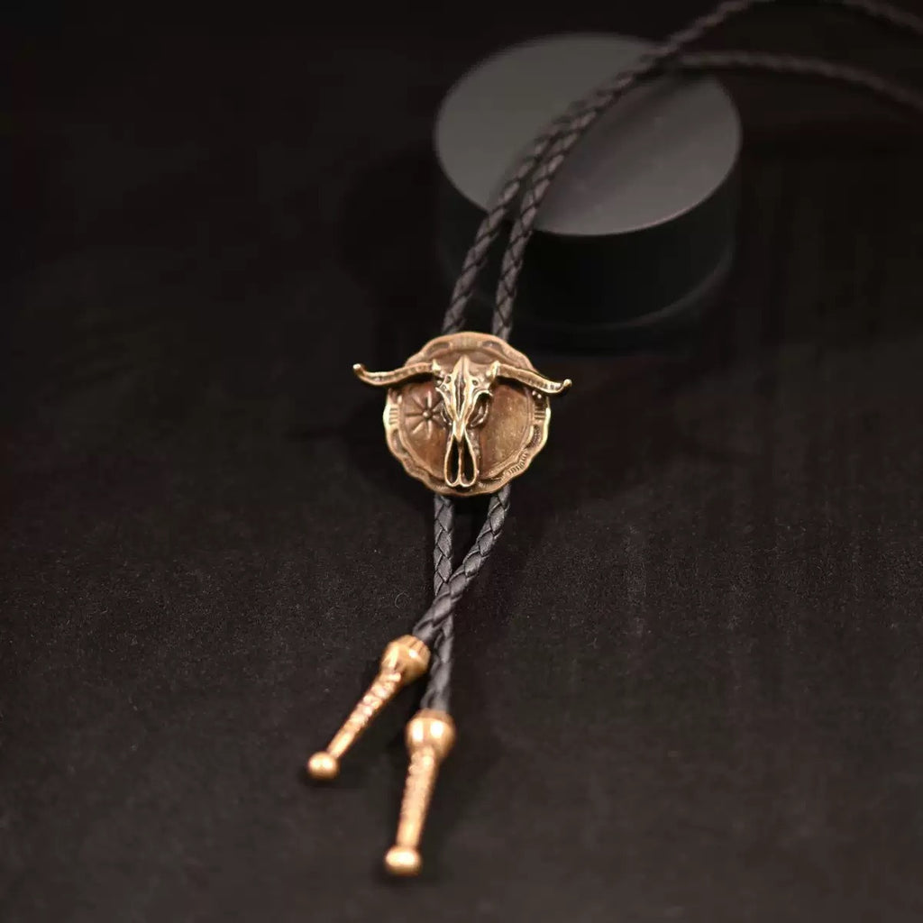 Cowboy Bolo Tie Necklace with Bull or Hat Pendant - Bull_Bronze