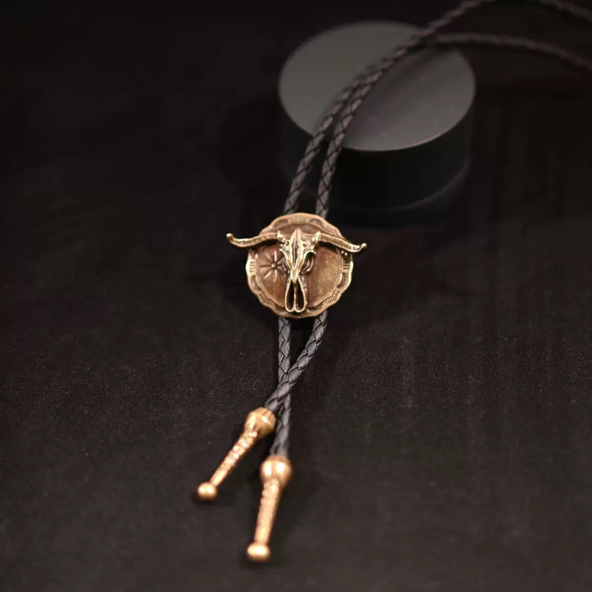 Cowboy Bolo Tie Necklace with Bull or Hat Pendant - Bull_Bronze