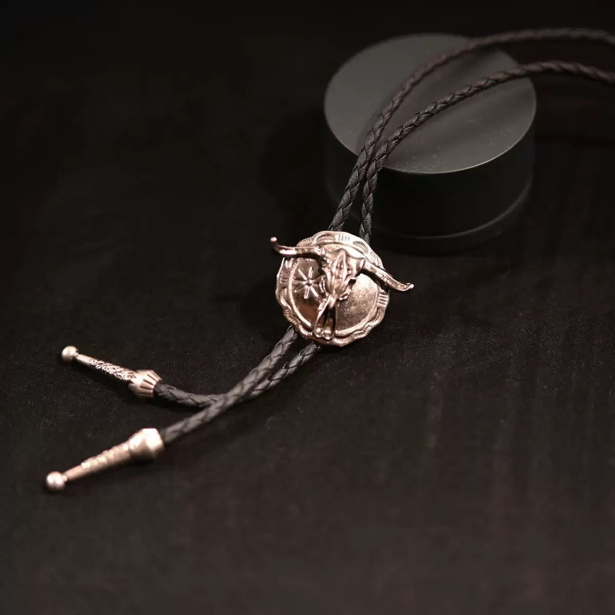 Cowboy Bolo Tie Necklace with Bull or Hat Pendant - Bull_Silver