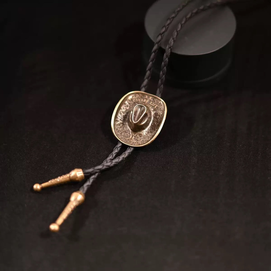 Cowboy Bolo Tie Necklace with Bull or Hat Pendant - Hat_Bronze