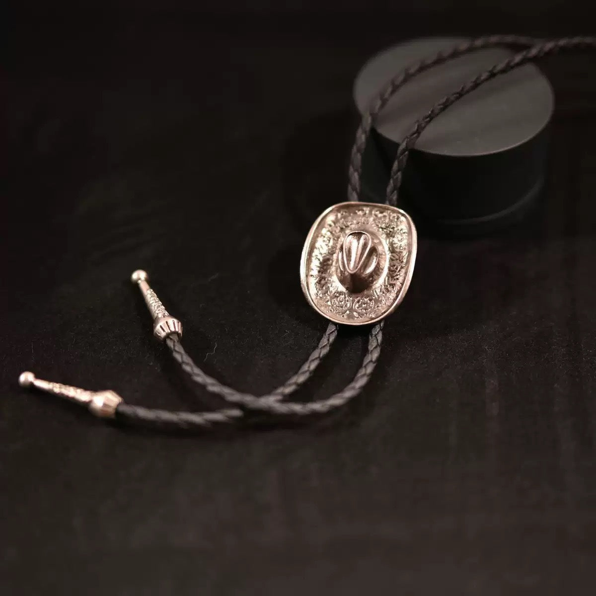 Cowboy Bolo Tie Necklace with Bull or Hat Pendant - Hat_Silver