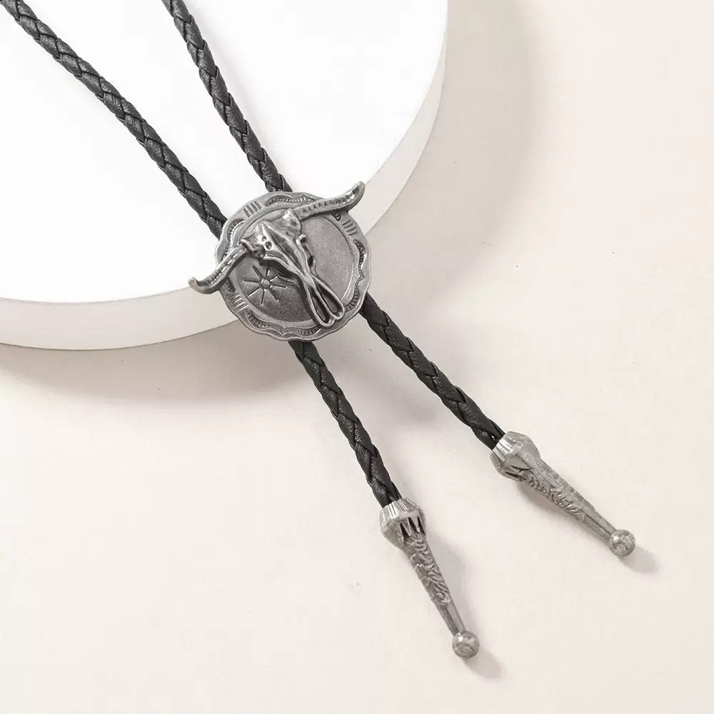 Cowboy Bolo Tie Necklace with Bull or Hat Pendant