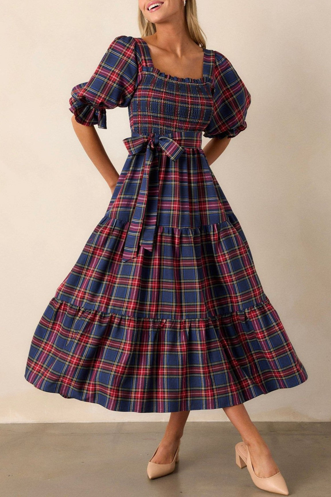 Tiered Plaid Puff Sleeve Midi Dress - Navy