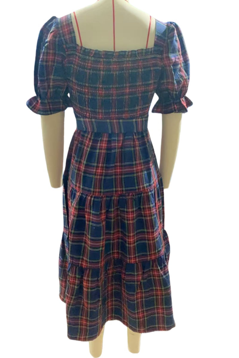 Tiered Plaid Puff Sleeve Midi Dress - Navy - 4
