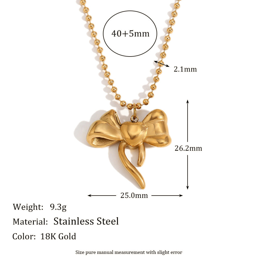 Sculptural Puffy Bow Beaded Chain Necklace - Gold - 1