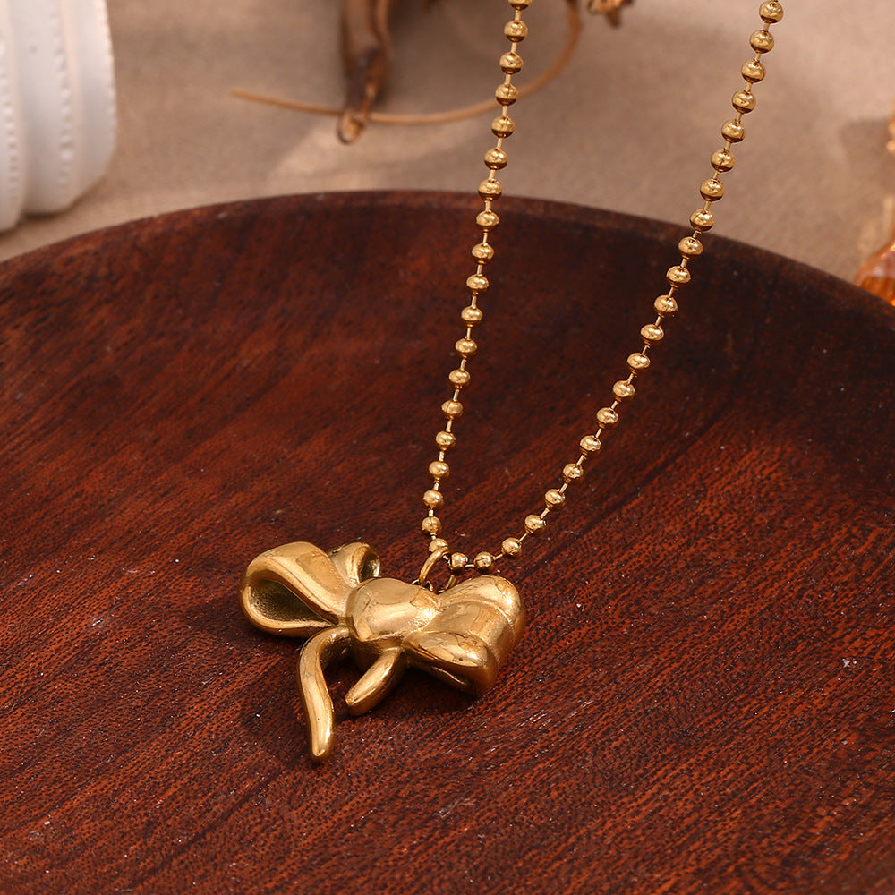 Sculptural Puffy Bow Beaded Chain Necklace - Gold - 2