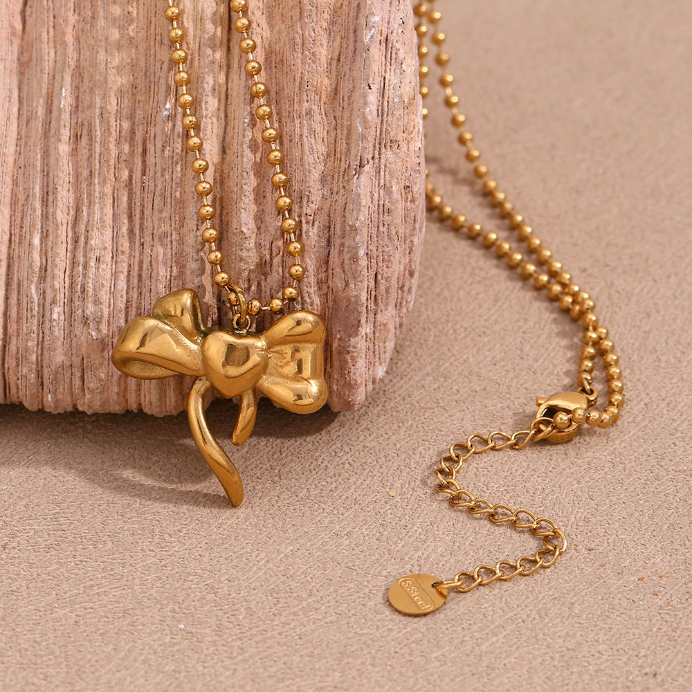 Sculptural Puffy Bow Beaded Chain Necklace - Gold - 3