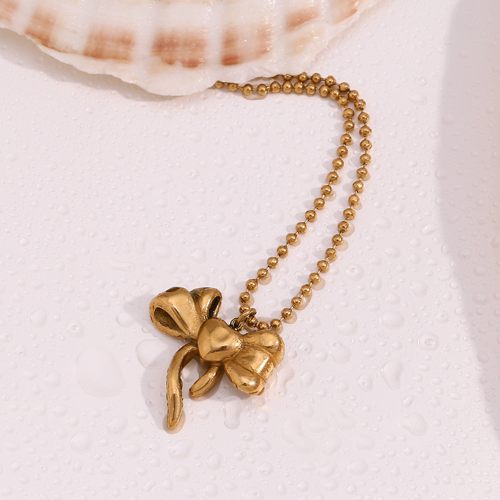 Sculptural Puffy Bow Beaded Chain Necklace - Gold - 4