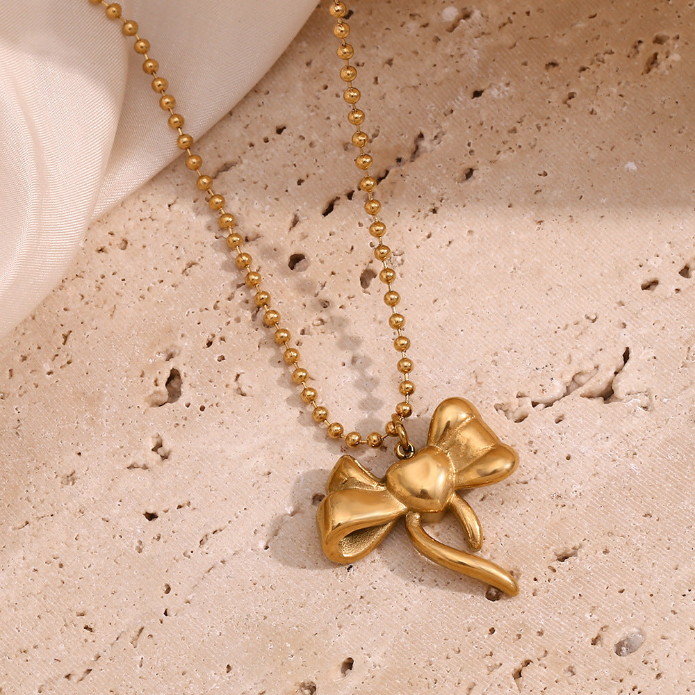Sculptural Puffy Bow Beaded Chain Necklace - Gold - 5