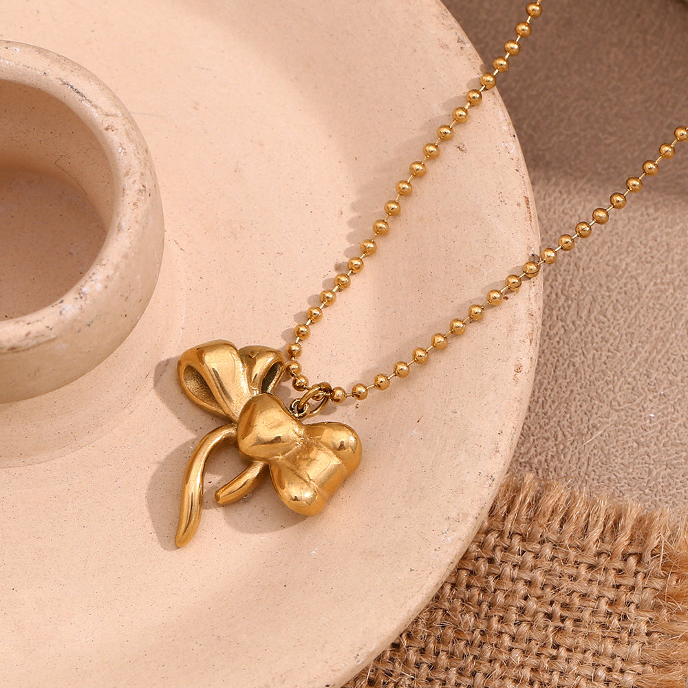 Sculptural Puffy Bow Beaded Chain Necklace - Gold - 6