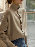 High Neck Button Cardigan With Pockets - Khaki
