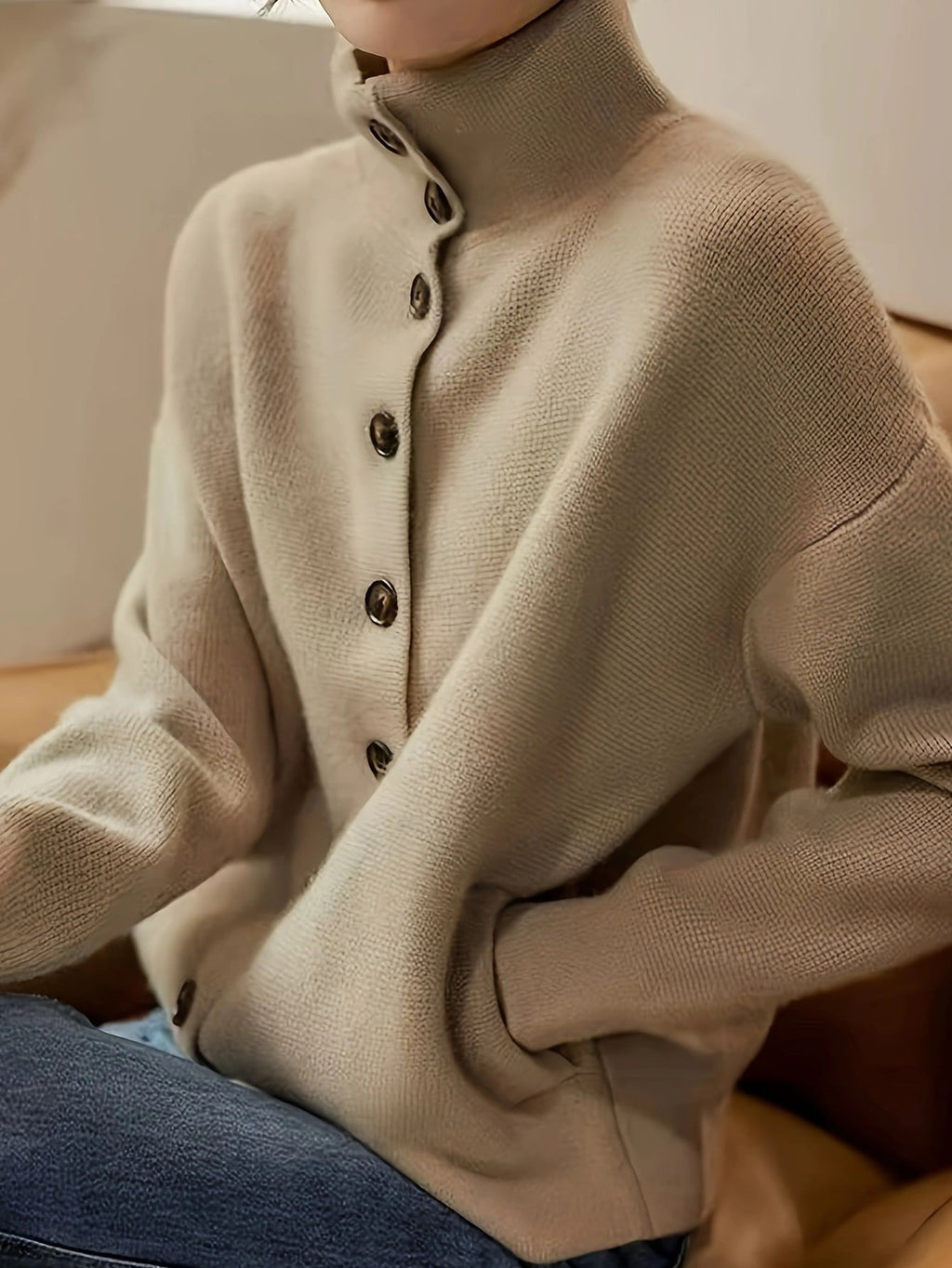 High Neck Button Cardigan With Pockets - Khaki - 2