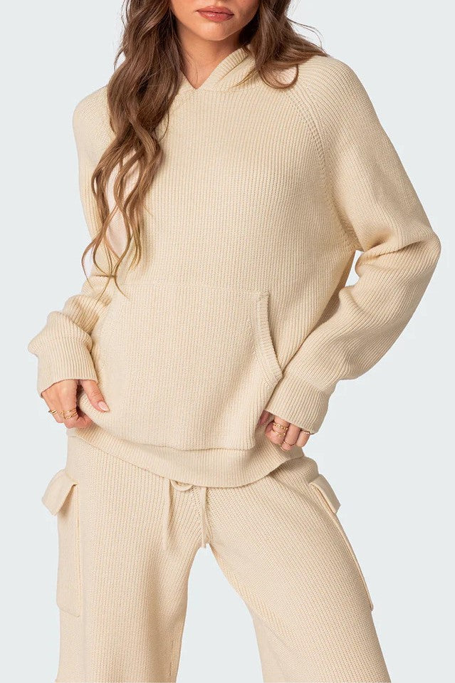 Waffle Knit Hooded Top and Cargo Pants Set - Beige