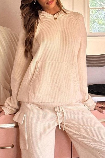 Waffle Knit Hooded Top and Cargo Pants Set - Beige - 1