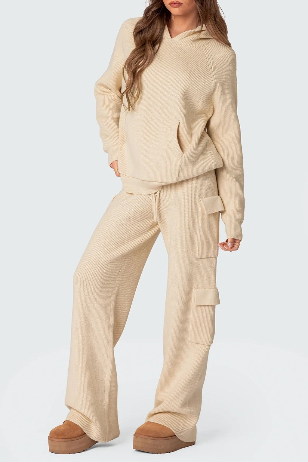 Waffle Knit Hooded Top and Cargo Pants Set - Beige - 3