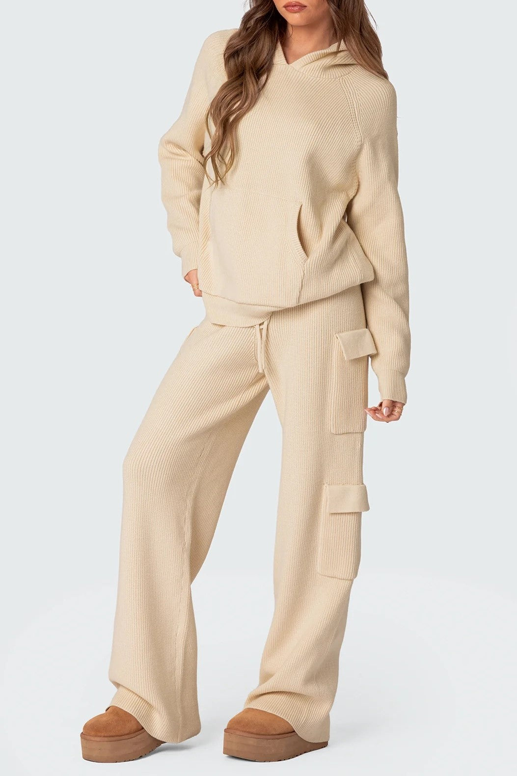 Waffle Knit Hooded Top and Cargo Pants Set - Beige - 3