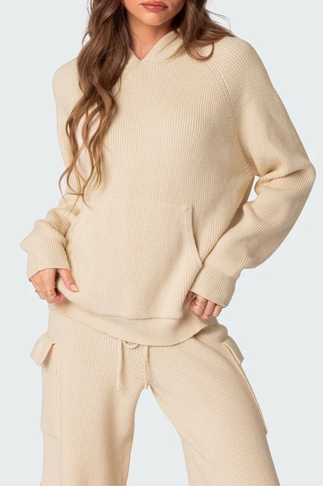 Waffle Knit Hooded Top and Cargo Pants Set - Beige - 4