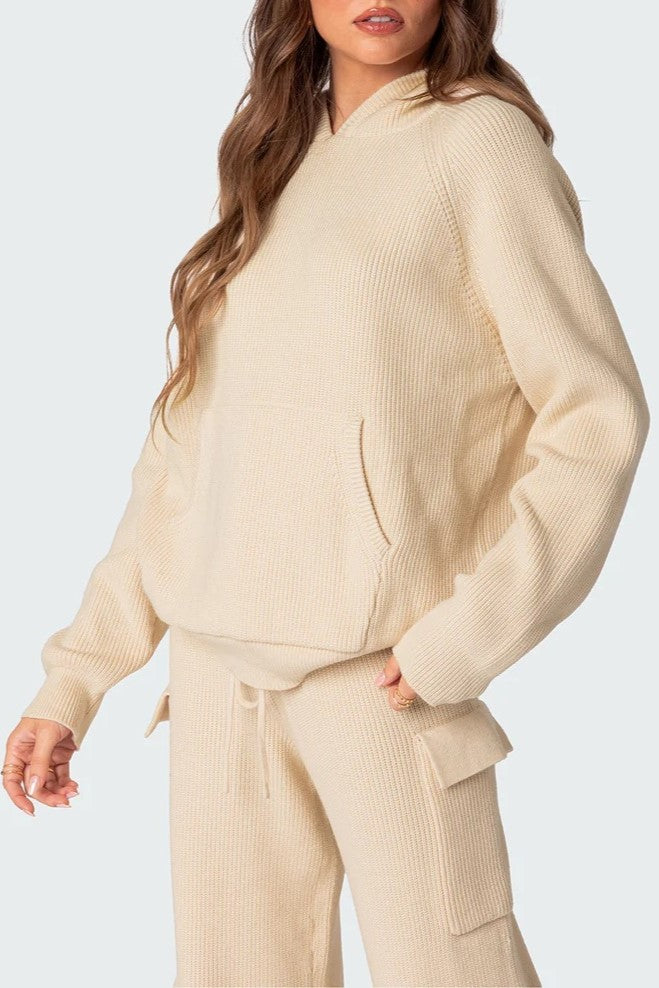 Waffle Knit Hooded Top and Cargo Pants Set - Beige - 5