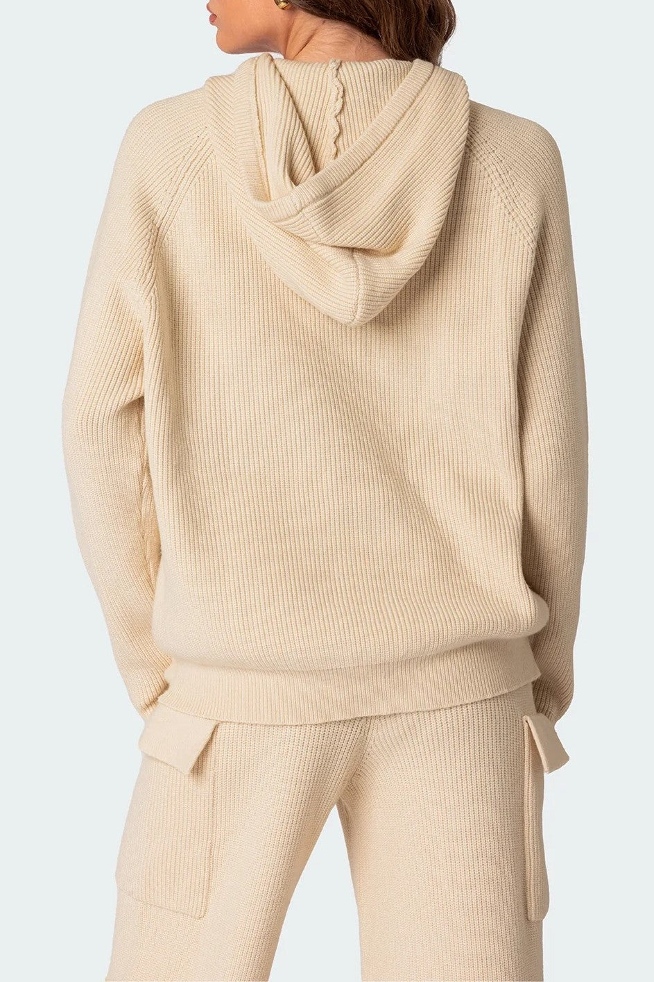 Waffle Knit Hooded Top and Cargo Pants Set - Beige - 6