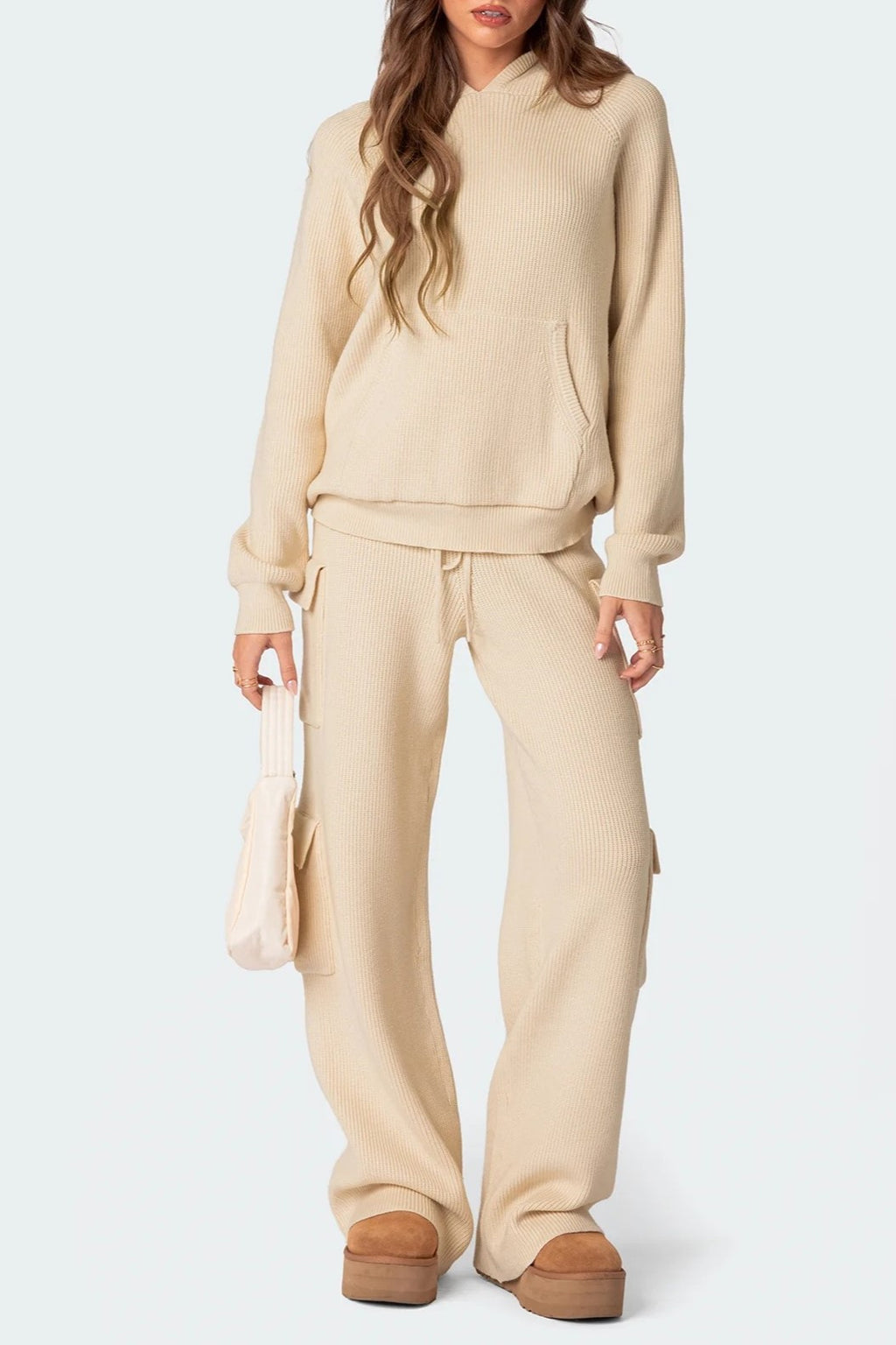 Waffle Knit Hooded Top and Cargo Pants Set - Beige - 7