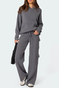 Waffle Knit Hooded Top and Cargo Pants Set - Grey