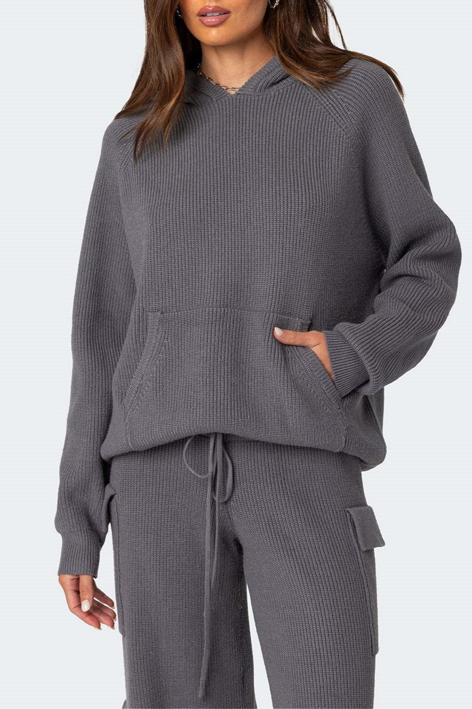 Waffle Knit Hooded Top and Cargo Pants Set - Grey - 2