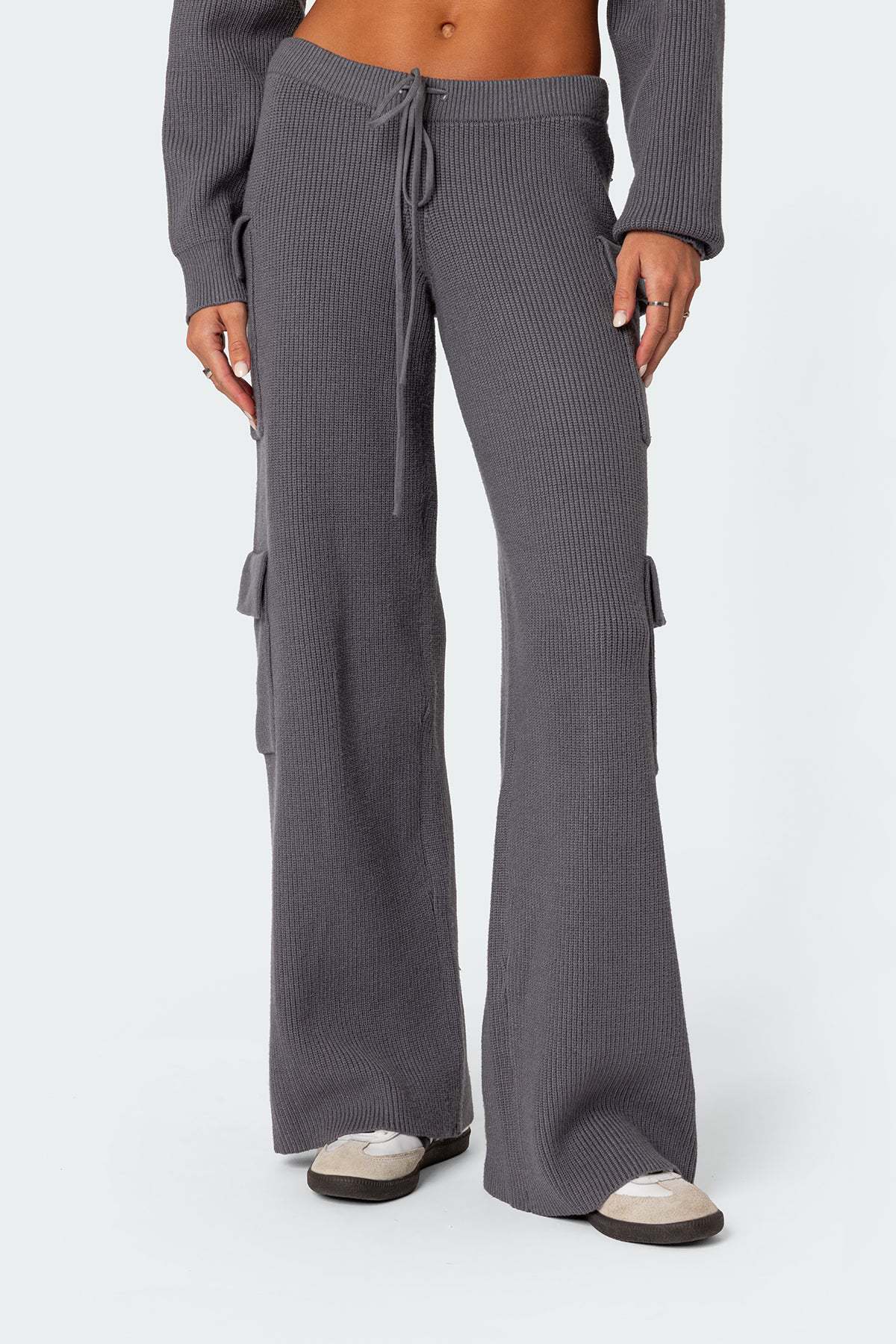 Waffle Knit Hooded Top and Cargo Pants Set - Grey - 3