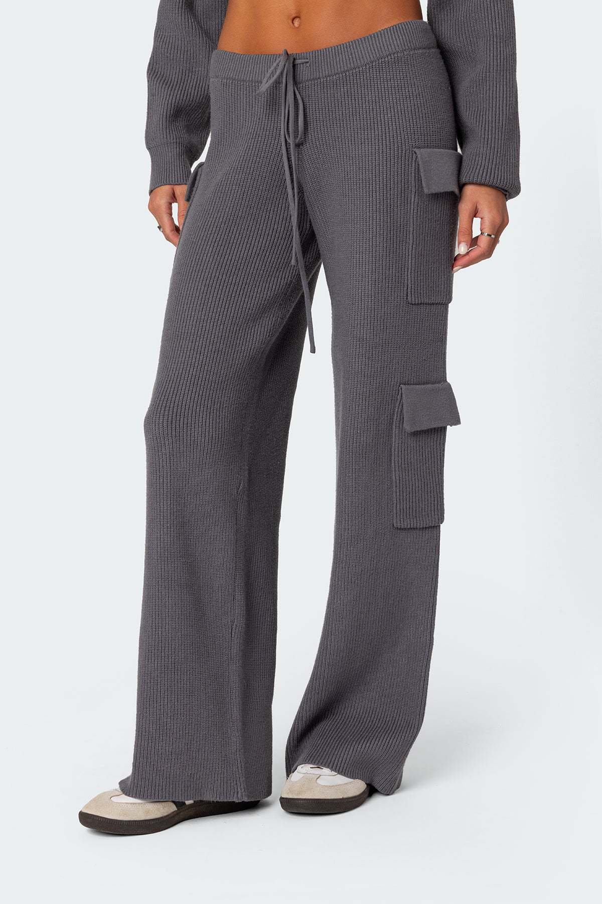 Waffle Knit Hooded Top and Cargo Pants Set - Grey - 4