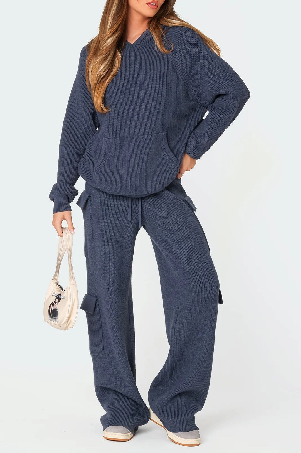 Waffle Knit Hooded Top and Cargo Pants Set - Navy