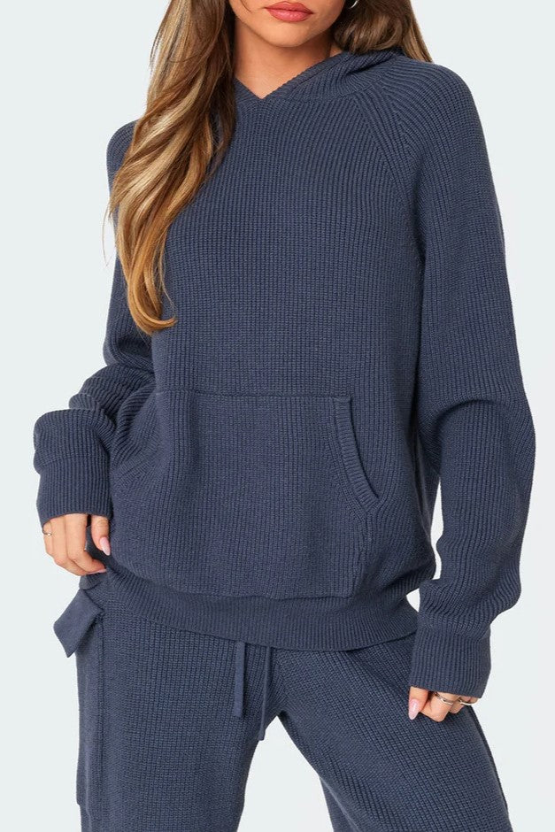 Waffle Knit Hooded Top and Cargo Pants Set - Navy - 1
