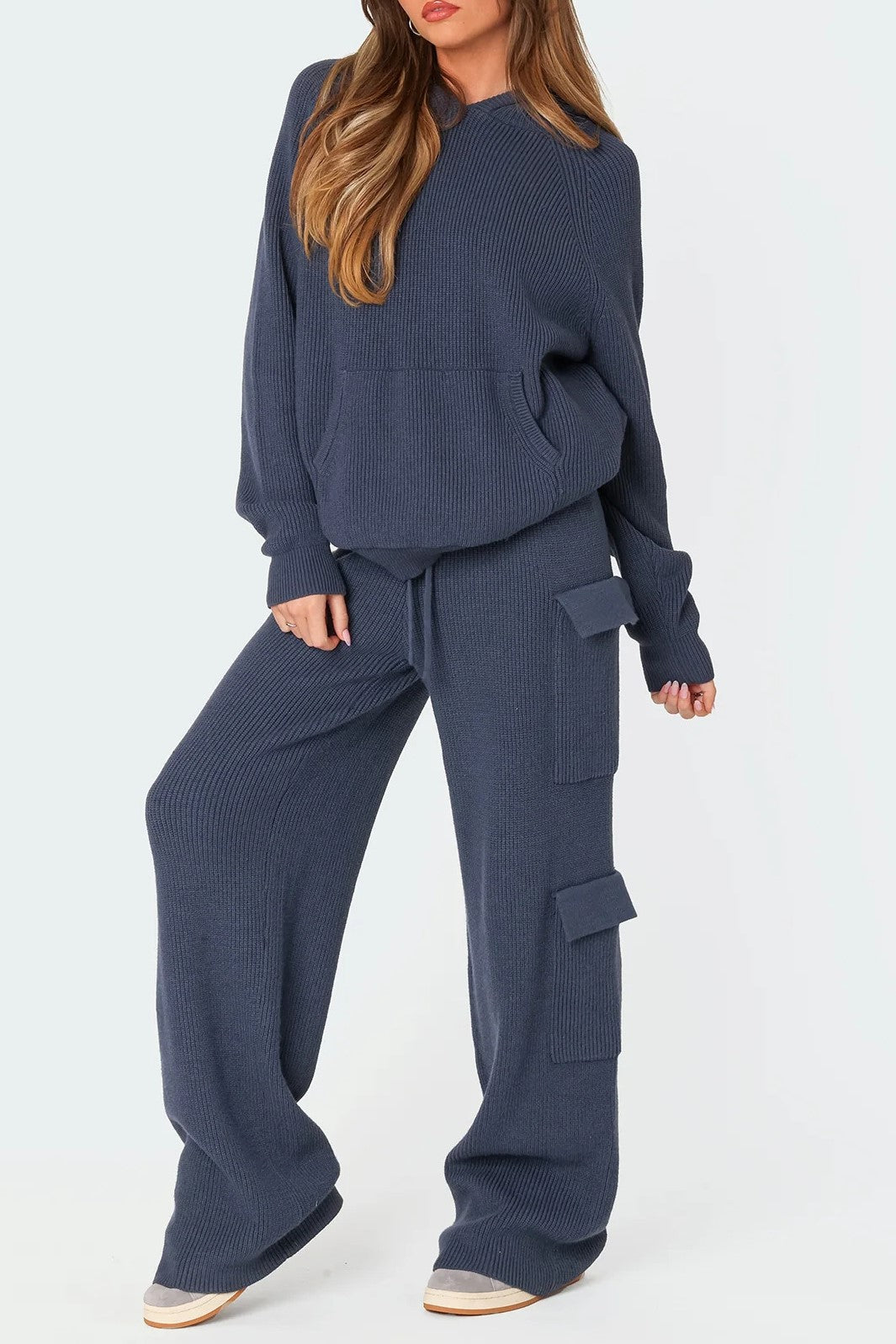 Waffle Knit Hooded Top and Cargo Pants Set - Navy - 2