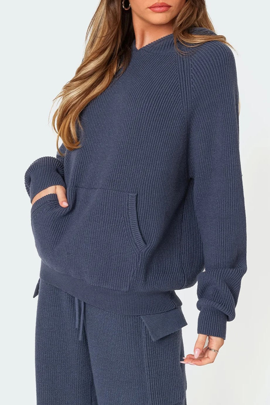 Waffle Knit Hooded Top and Cargo Pants Set - Navy - 3