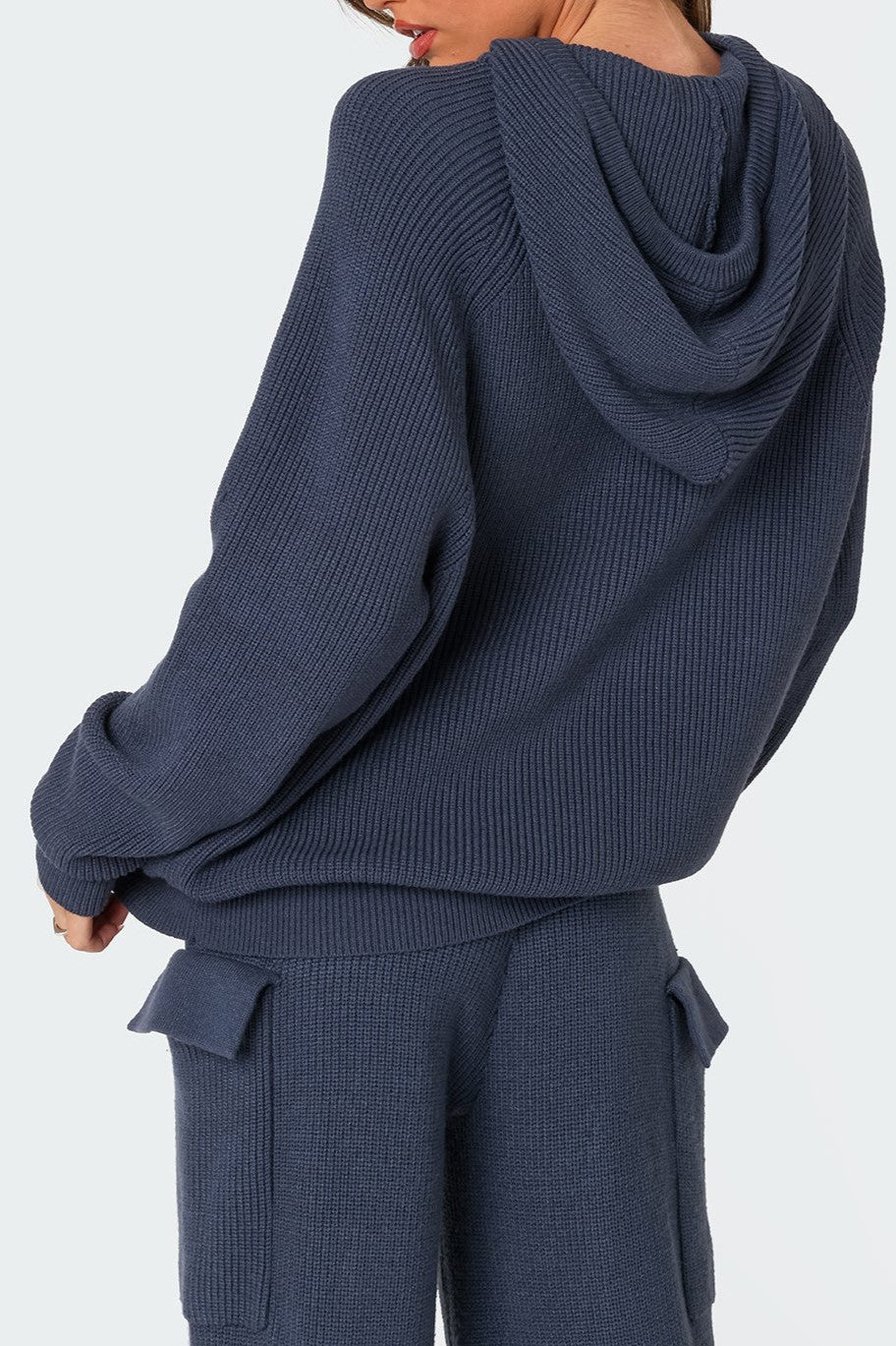 Waffle Knit Hooded Top and Cargo Pants Set - Navy - 4