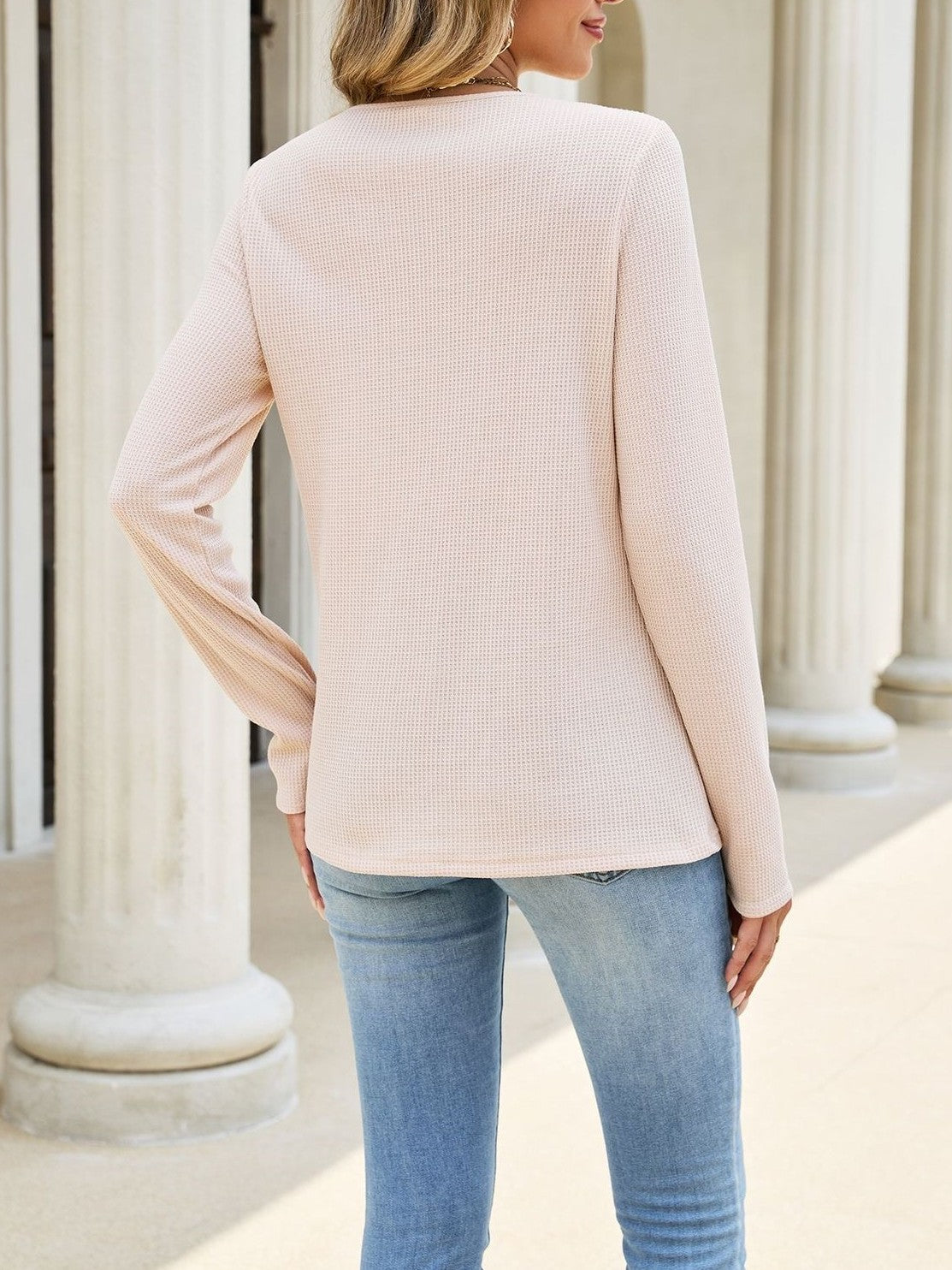 Crochet Lace Yoke Waffle Knit Top - Apricot - 2