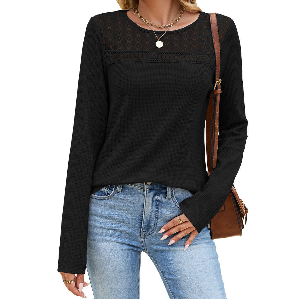 Crochet Lace Yoke Waffle Knit Top - Black