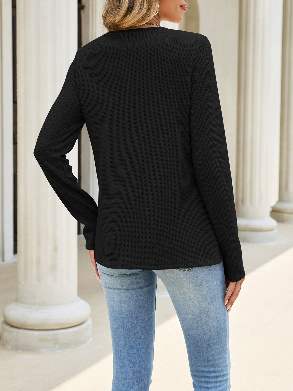Crochet Lace Yoke Waffle Knit Top - Black - 1