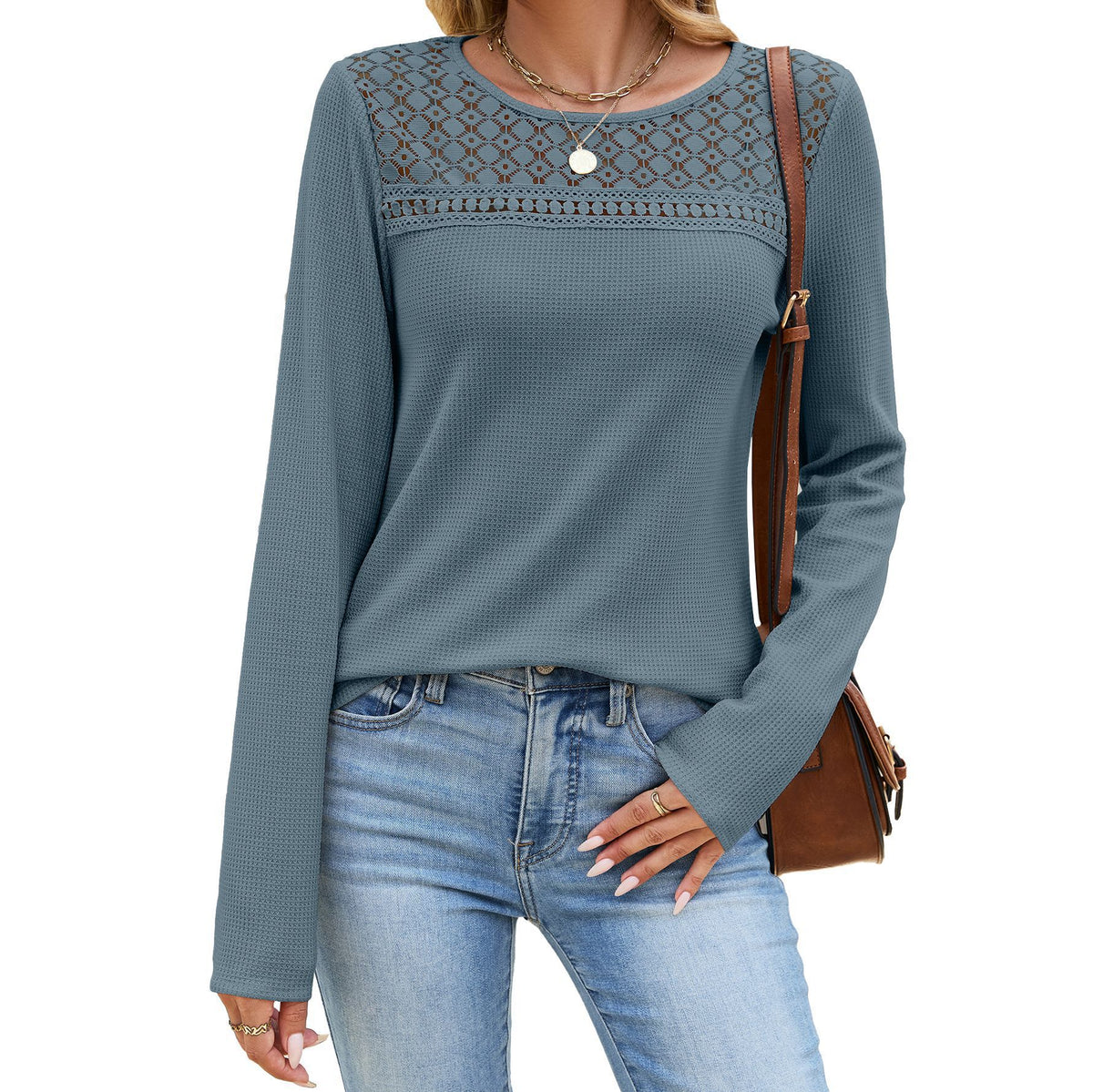 Crochet Lace Yoke Waffle Knit Top - BlueGray
