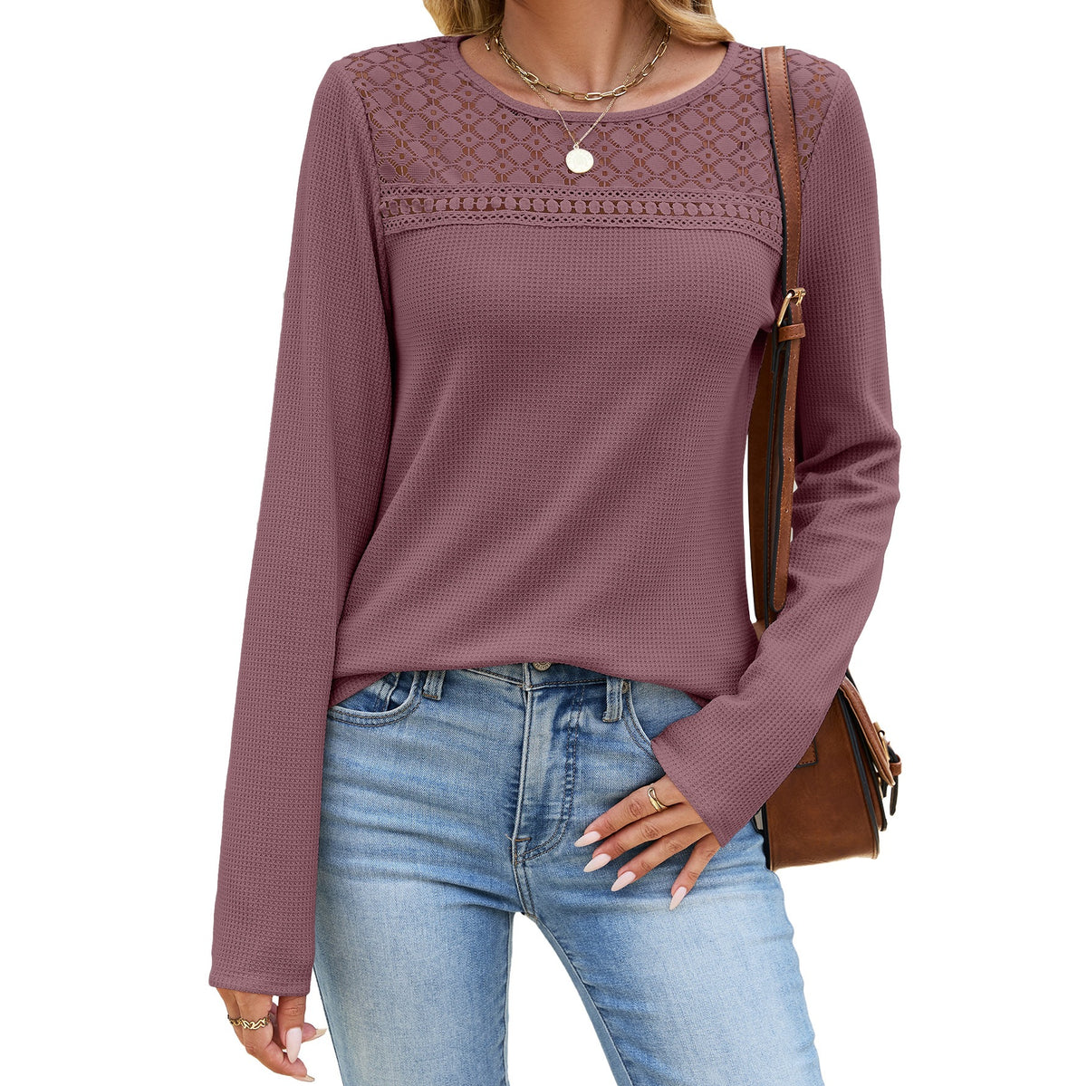 Crochet Lace Yoke Waffle Knit Top - BrickRed