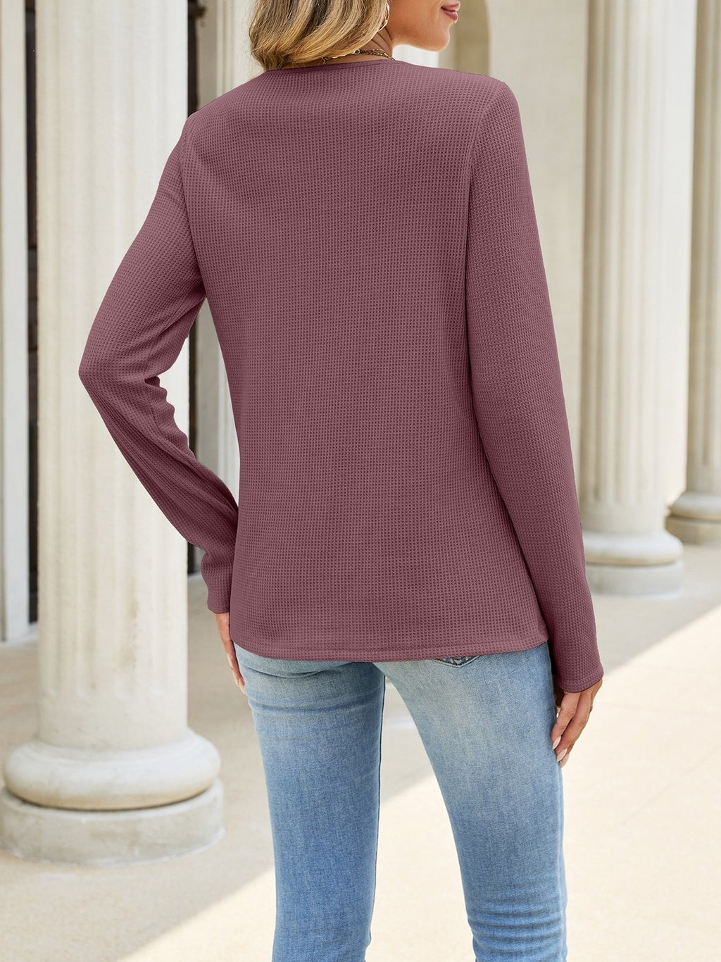 Crochet Lace Yoke Waffle Knit Top - BrickRed - 1