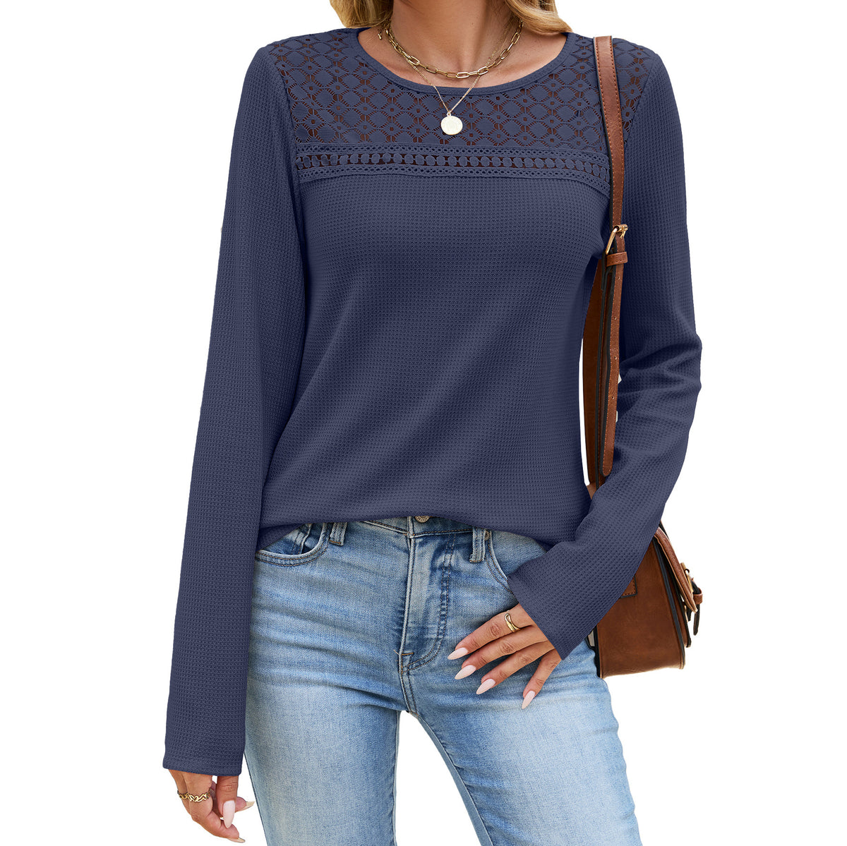 Crochet Lace Yoke Waffle Knit Top - Navy