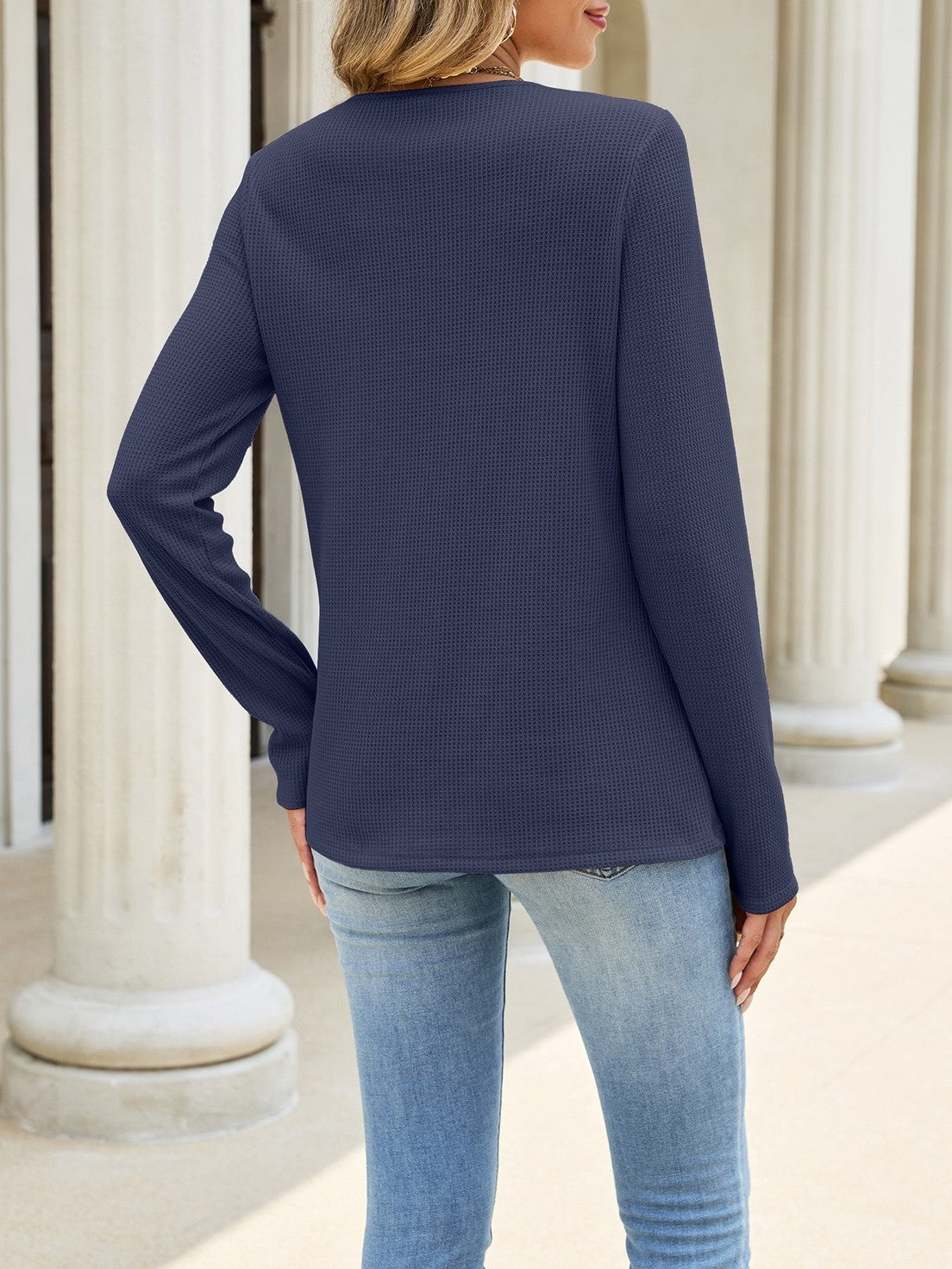Crochet Lace Yoke Waffle Knit Top - Navy - 1