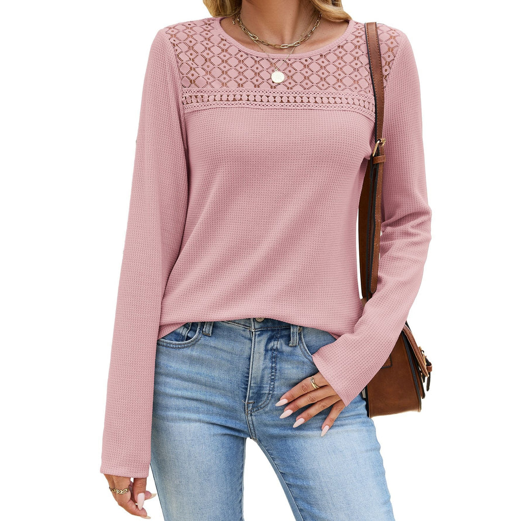 Crochet Lace Yoke Waffle Knit Top - Pink