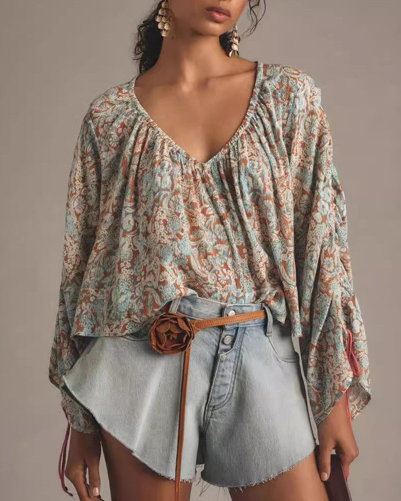 Paisley Print Gathered Neck Billow Sleeve Top - Lake-Blue