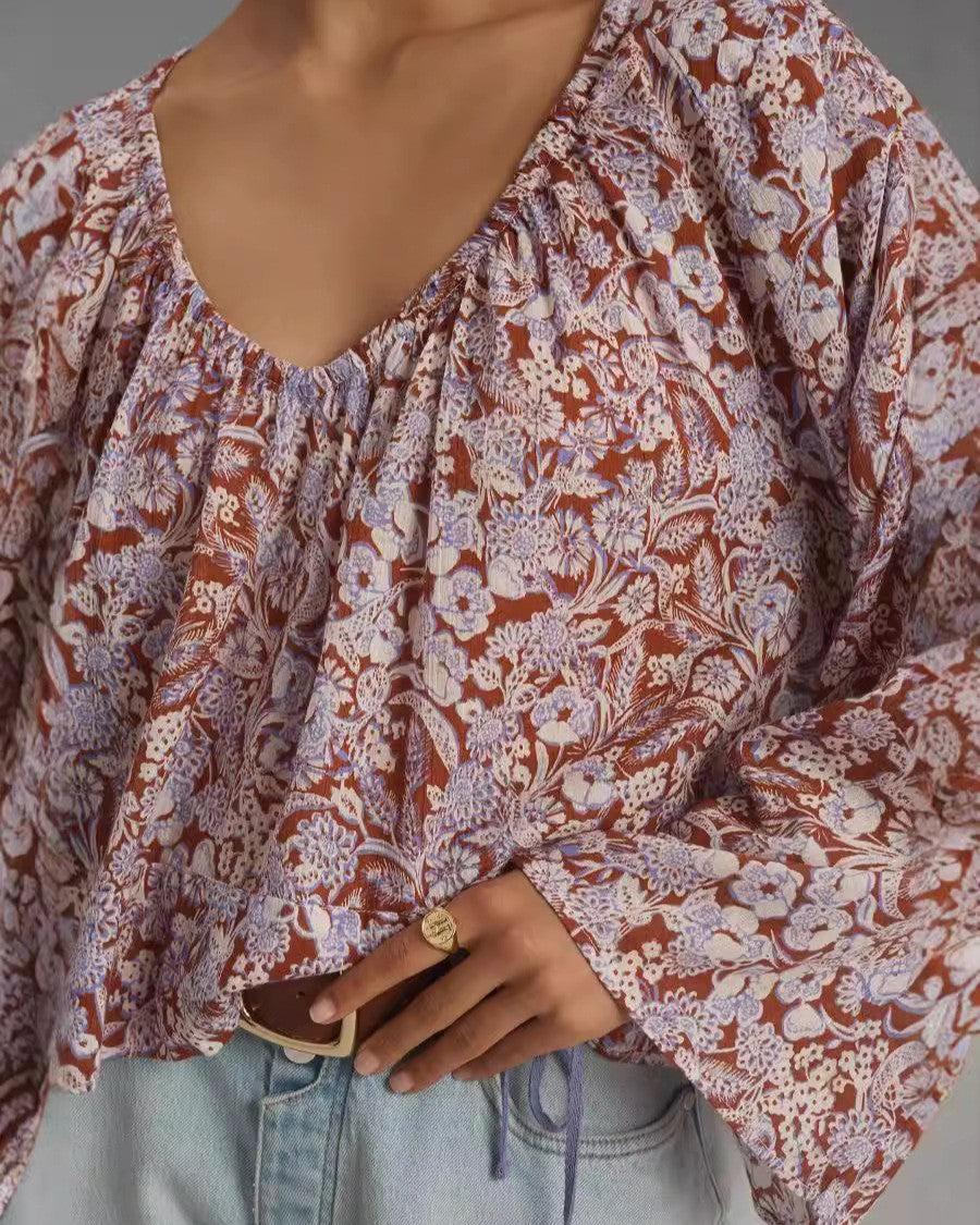 Paisley Print Gathered Neck Billow Sleeve Top - Light-Purple - 1