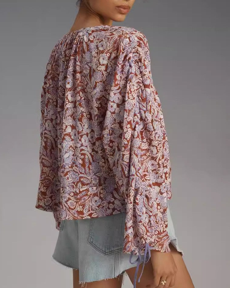 Paisley Print Gathered Neck Billow Sleeve Top - Light-Purple - 2