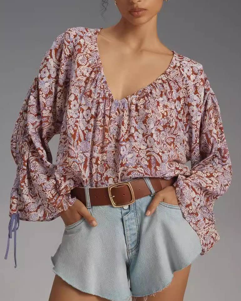 Paisley Print Gathered Neck Billow Sleeve Top
