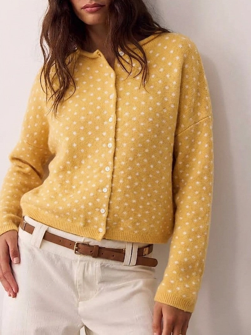 Sunny Yellow Dotted Knit Button Cardigan - Yellow