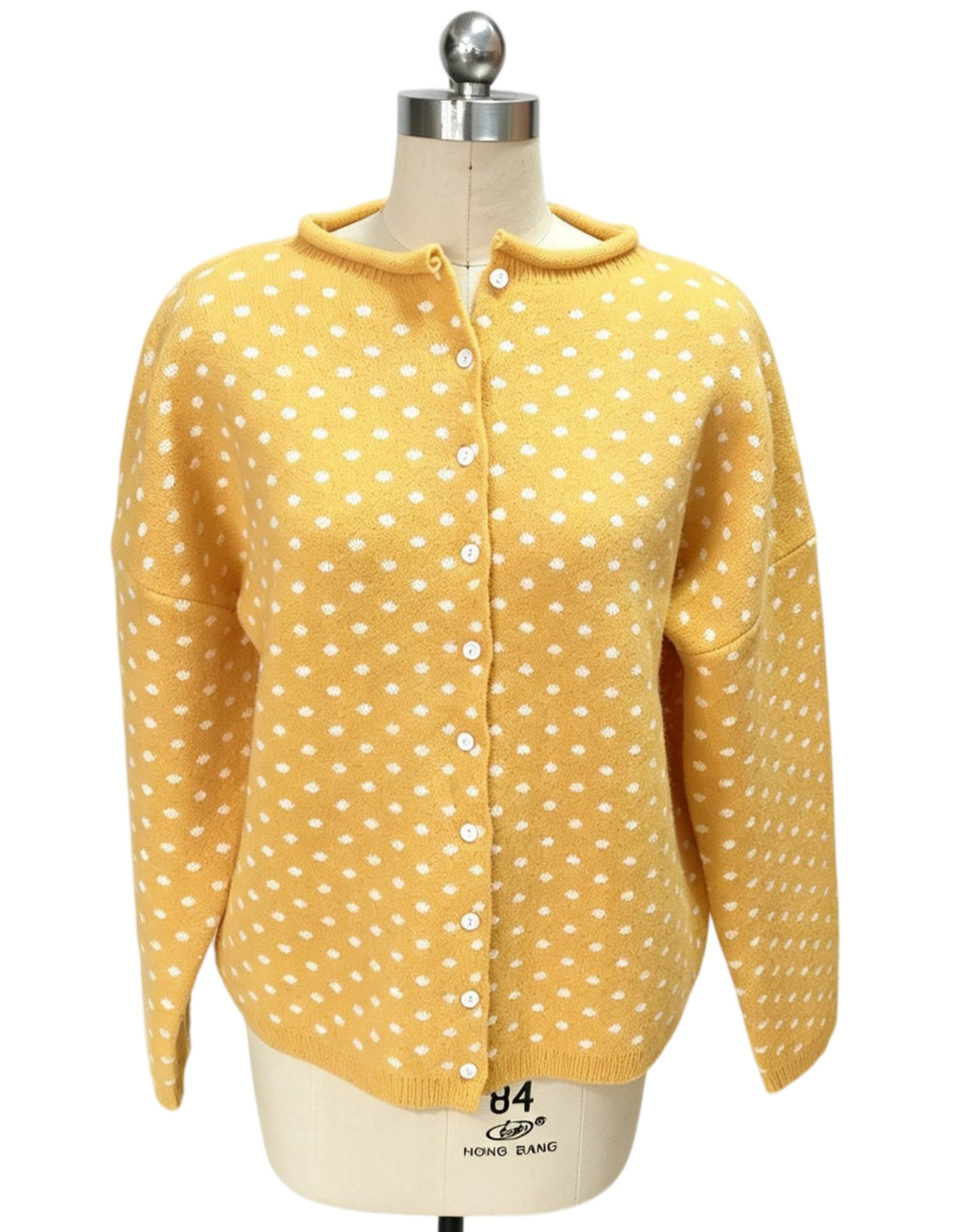 Sunny Yellow Dotted Knit Button Cardigan - Yellow - 3