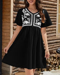Floral Yoke Flutter Sleeve Mini Dress - Black